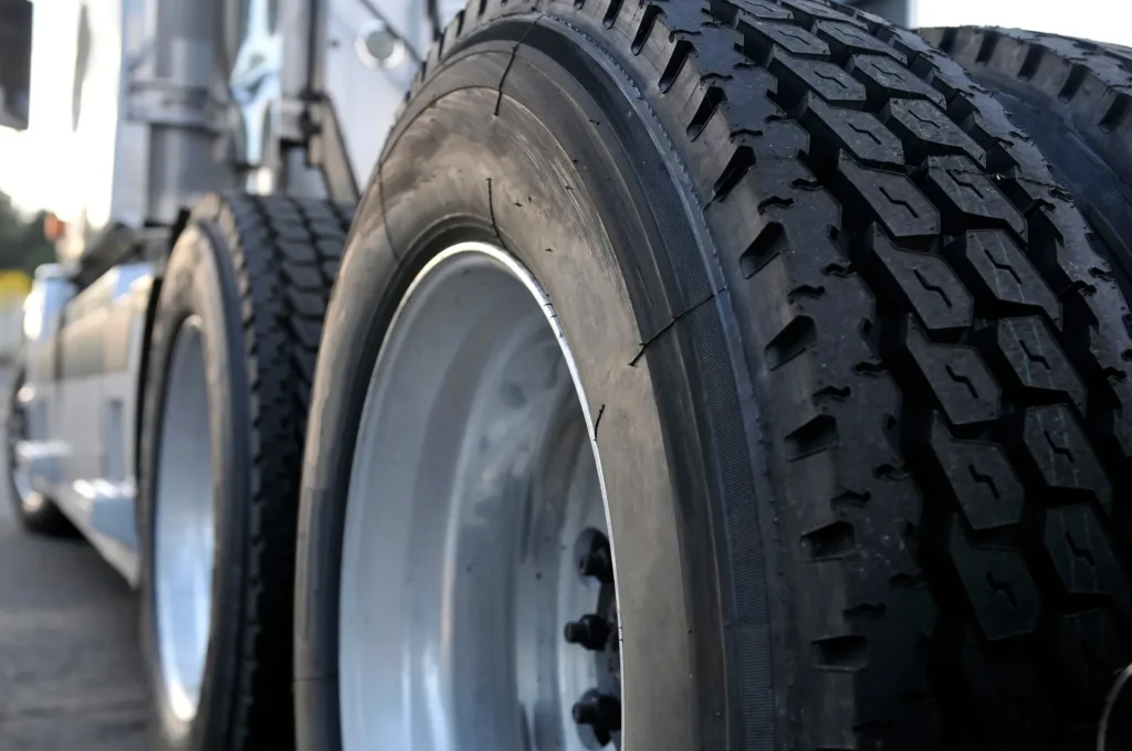 Close-up of heavy-duty semi-truck drive tires with deep tread on polished aluminum wheels.