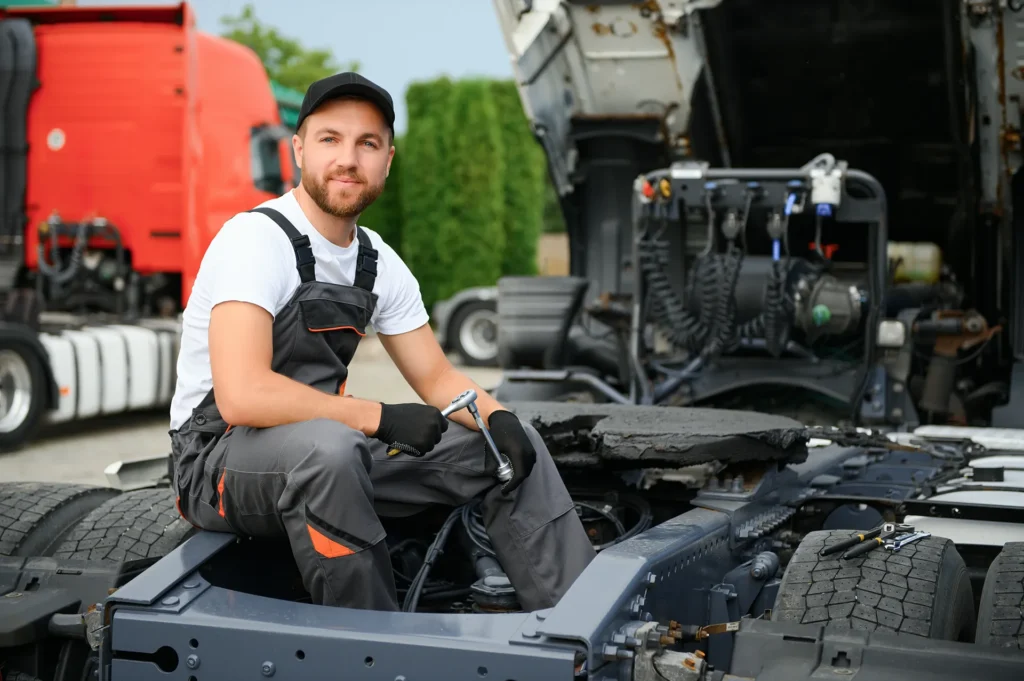 Smiling young male truck mechanic in white shirt and overalls holding a wrench, sitting on the frame of a semi-truck with the hood open in a repair yard.
