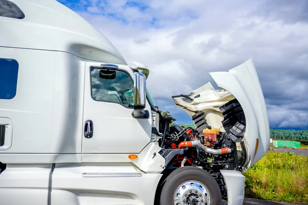 Side view of a white semi-truck with the hood open, revealing the engine for a roadside inspection or repair, set against a cloudy blue sky.